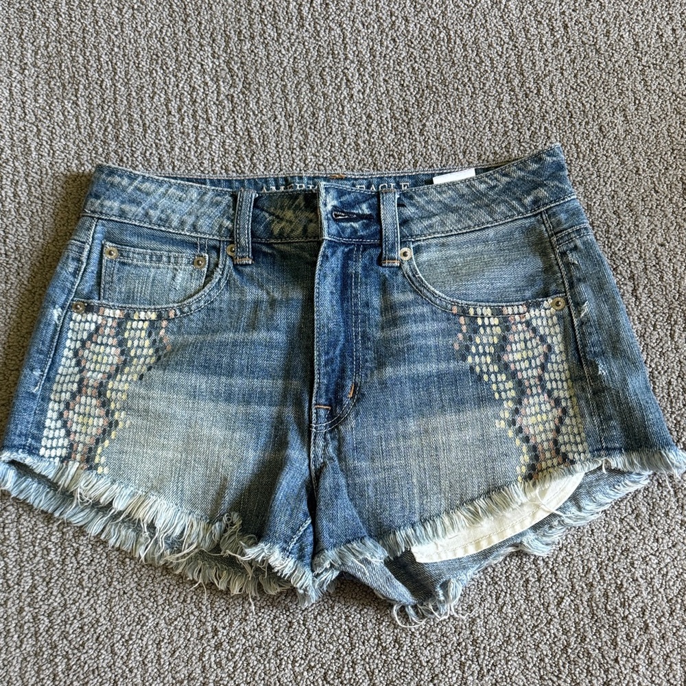 American Eagle Outfitters Blue Washed Denim Shorts with Sequin Side Panels